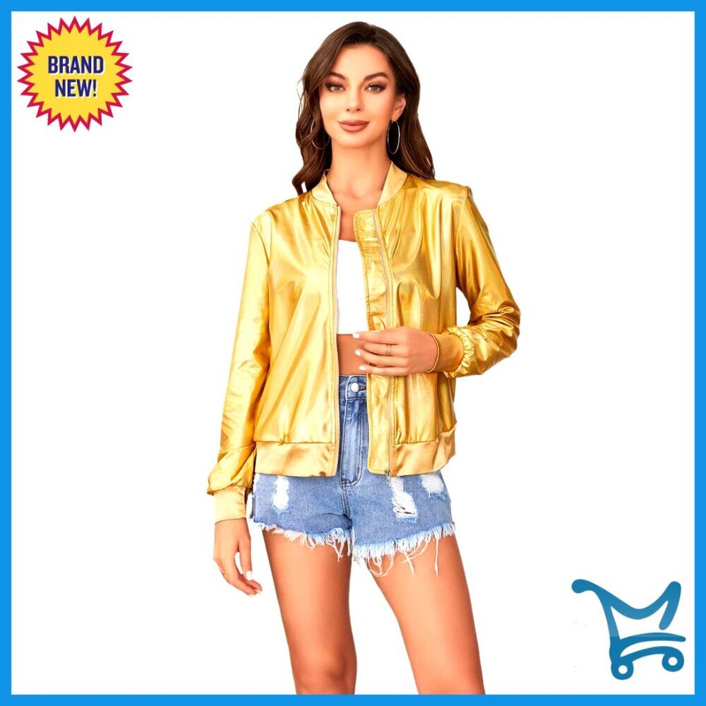 Women's Holographic Baseball Bomber Jacket Zipper Front Long Sleeve